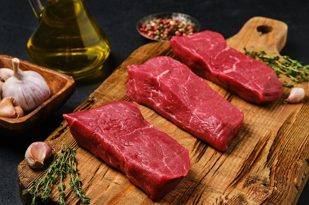 Closeup view of raw boneless strip steak loin