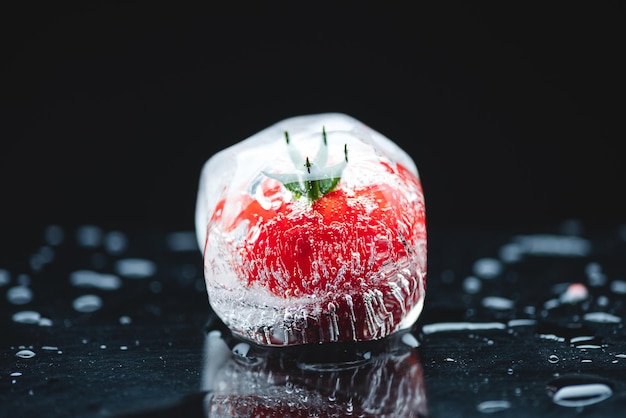 Closeup view of ripe cherry tomato frozen in ice cube on black