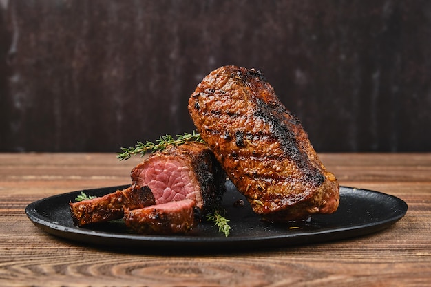 Closeup view of roasted beef steak