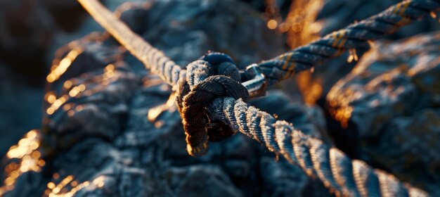 CloseUp View of Rock Climbing Gear and Rope on Climbing Wall Symbolizing Adventure and Safety