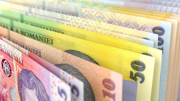 Closeup view of Romanian leu currency banknotes in different denominations