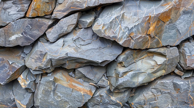 Closeup view of rough gray and slightly orange stacked rock formations