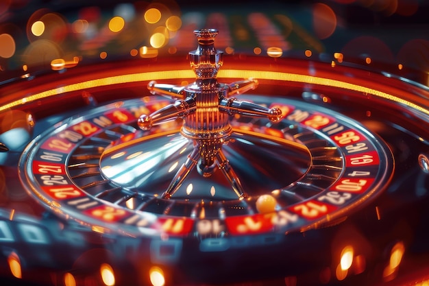 A closeup view of a roulette wheel with a ball in play