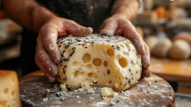 A Closeup View of a Round Cheese with Large Holes