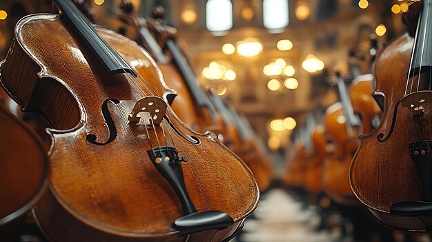 Photo a closeup view of a row of violins in a concert hall with a shallow depth of field and a warm inviting atmosphere