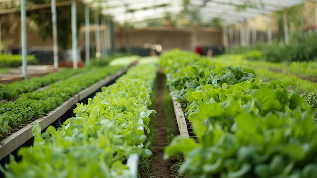 A closeup view of rows of leafy green vegetables thriving in a large greenhouse The plants are healthy and vibrant with the sun shining through the translucent roof