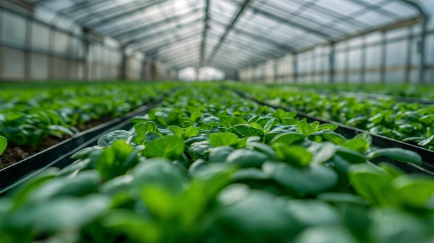 A closeup view of rows of lush green plants growing in a large greenhouse The plants are thriving in the controlled environment with natural sunlight filtering through the glass roof