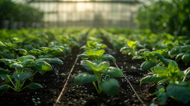 A closeup view of rows of spinach plants growing in a greenhouse the plants are green and healthy