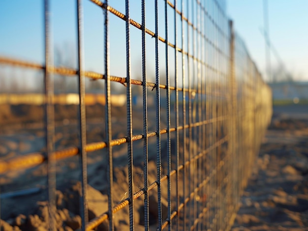 Photo closeup view of rusted wire fence under bright blue sky at construction site