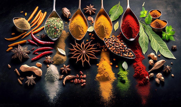 A closeup view of a selection of spices carefully arranged on a black surface to highlight their unique qualities