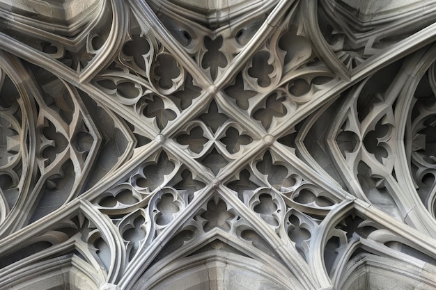 Photo closeup view showing intricate details of the buildings architecture create a sense of movement and fluidity in the intricate patterns of gothic vaulting