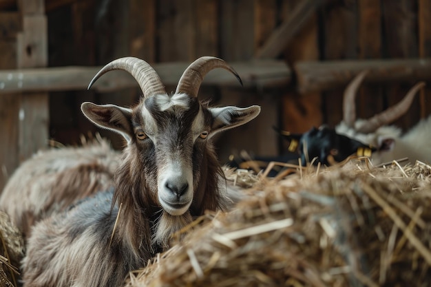 The closeup view shows a goat domestic animal at a farmhouse The background shows domestic animals eating and standing