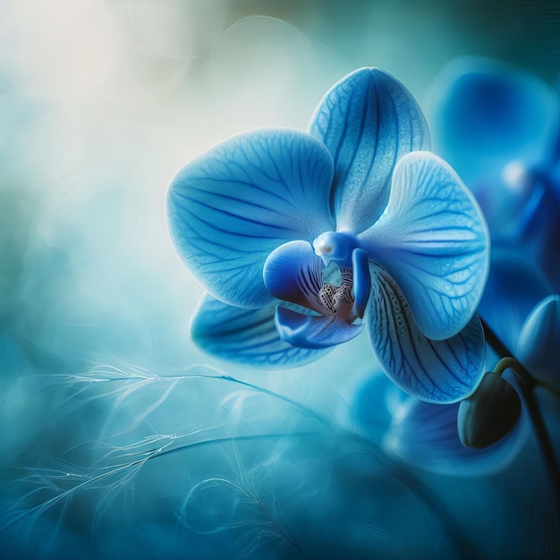 A closeup view of a single blue orchid flower