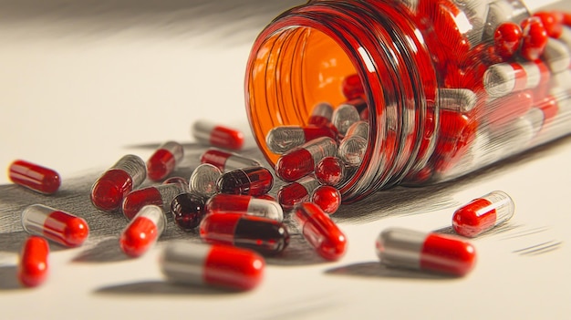 A closeup view of a single pill bottle tipped over with pills spilling out