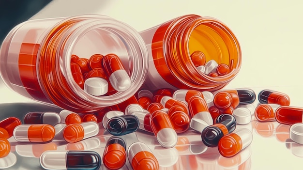 A closeup view of a single pill bottle tipped over with pills spilling out