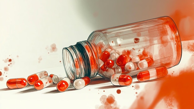 A closeup view of a single pill bottle tipped over with pills spilling out