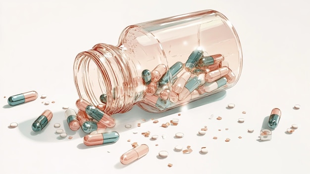 A closeup view of a single pill bottle tipped over with pills spilling out