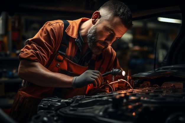 Closeup View of Skilled Mechanic Repairing Vehicle in Auto Service AI