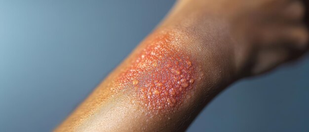 Photo closeup view of a skin condition on an arm highlighting texture and inflammation in a clinical setting