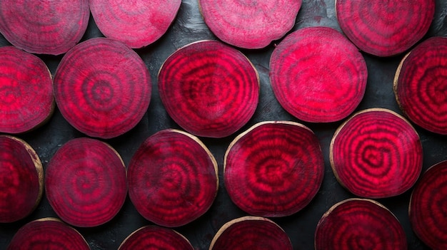 A CloseUp View of Sliced Beetroots with a Dark Background