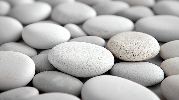 A closeup view of smooth white pebbles arranged on a surface creating a serene atmosphere