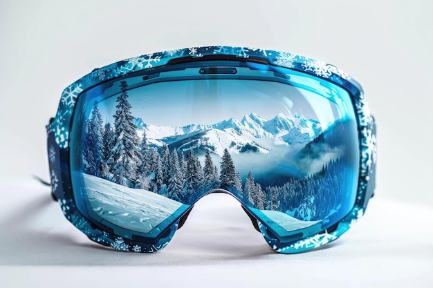 CloseUp View of Snowboard Goggles Reflecting Mountains and Forests