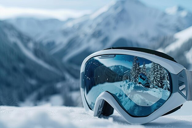 CloseUp View of Snowboard Goggles Reflecting Mountains and Forests