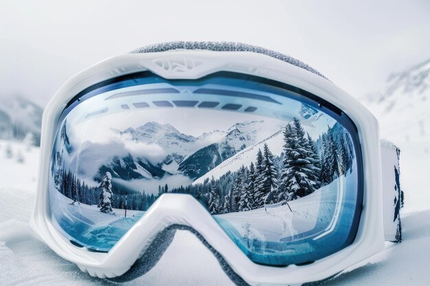 CloseUp View of Snowboard Goggles Reflecting Mountains and Forests