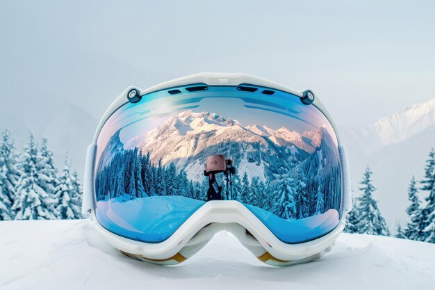 CloseUp View of Snowboard Goggles Reflecting Mountains and Forests