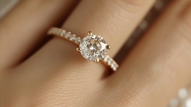 CloseUp View of a Solitaire Diamond Engagement Ring on a Finger