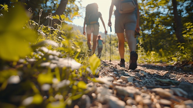 Closeup view of some tourists hiking in the summer at the edge of a forest