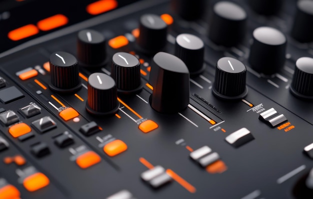 Photo closeup view of a sound mixer with glowing controls and dials in a recording studio