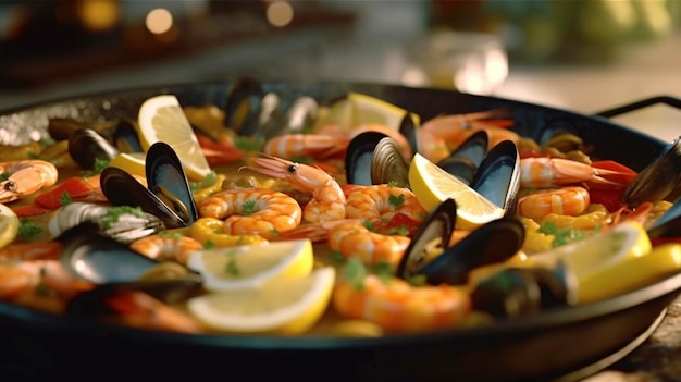 Closeup View of Spanish Seafood Paella A eye catching illustration created using generative AI tools