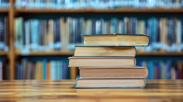 Closeup view of a stack of hardcover books on a wooden table in a library setting with blurred bookshelves in the background