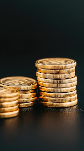 CloseUp View of Stacked Golden Coins Against a Dark Background