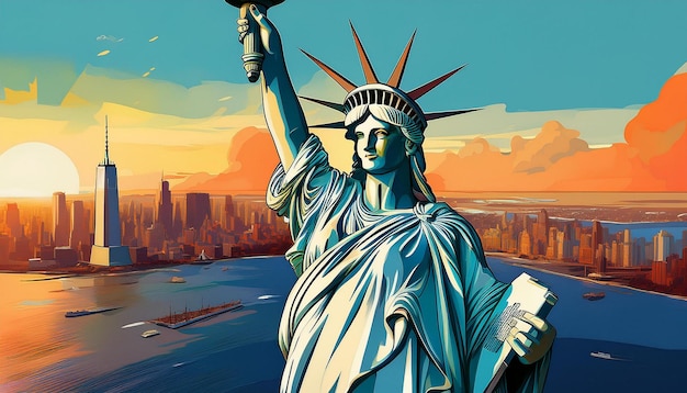 A closeup view of the Statue of Liberty standing tall on Liberty Island with her torch held high