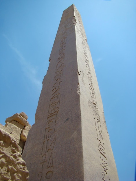 Closeup view of a stone obelisk in the ancient temple of the Pharaohs Karnak Luxor Egypt