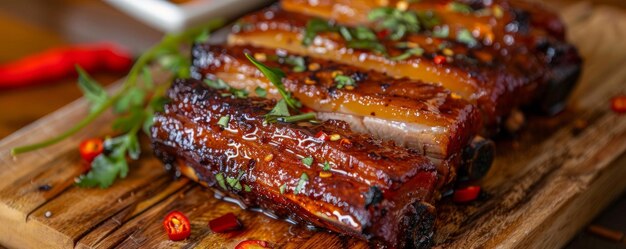 A closeup view of a succulent piece of baked pork belly accompanied by a tangy sauce and fiery chili peppers served on a wooden cutting board