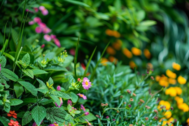 Photo a closeup view of a summer garden showcasing vibrant pink and yellow flowers intertwined with lush green foliage lush green foliage intertwined with colorful flowers in a serene garden setting