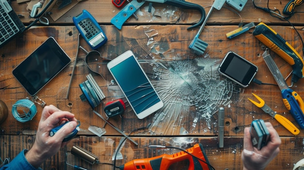 Photo a closeup view of a technicians workspace with tools scattered around including a cracked smartphone screen