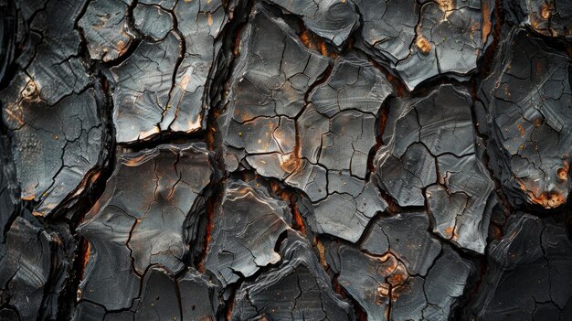 A closeup view of the texture of centuryold tree bark showing the effects of a fire