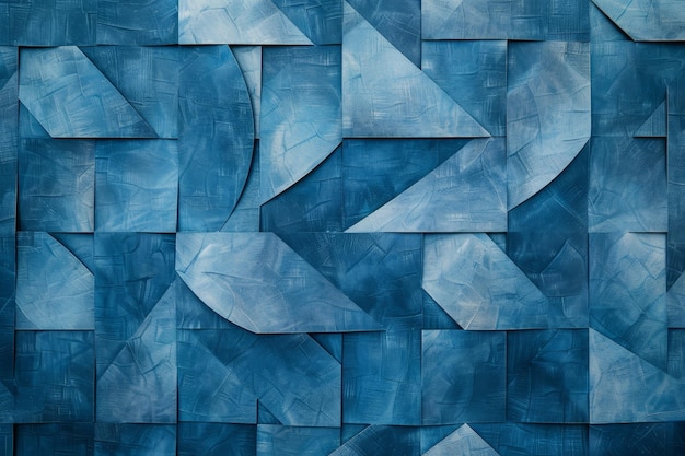 A closeup view of a textured blue geometric pattern A geometric pattern of overlapping blue shapes on a textured blue background