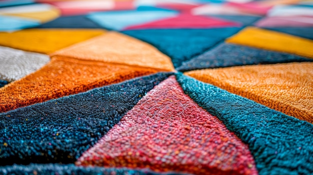 Photo closeup view of a textured multicolored rug with a geometric pattern