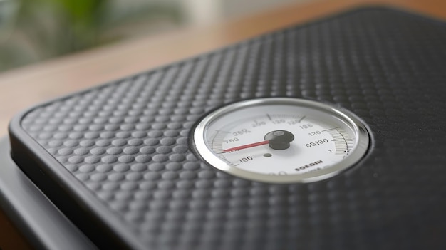 Photo closeup view of a traditional analog bathroom scale with a textured surface and clear dial