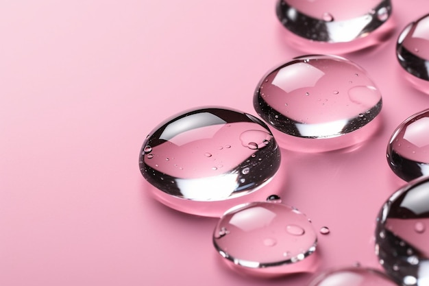 Closeup view of transparent calm water drops on pink background