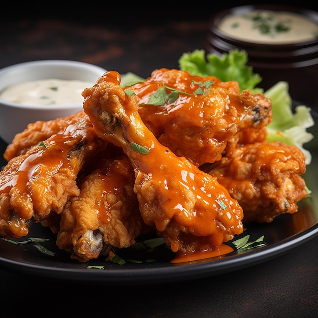 A closeup view of a tray of buffalo wings in a restaurant or kitchen setting