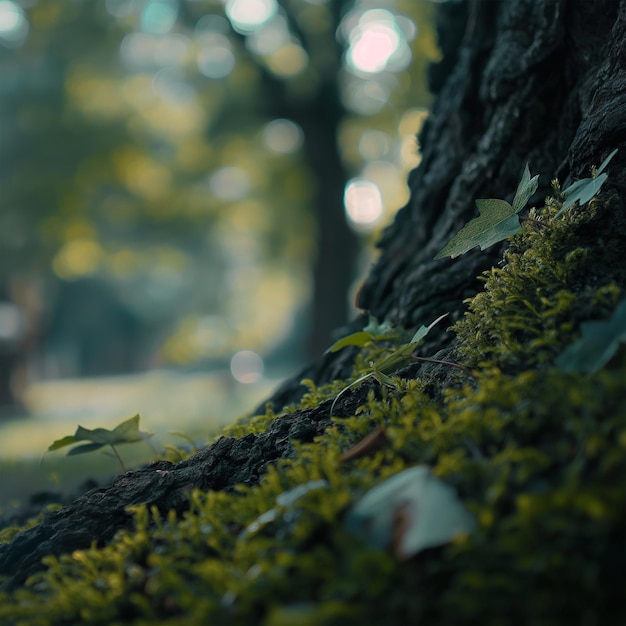 CloseUp View of Tree Trunk with Moss and Autumn Leaves