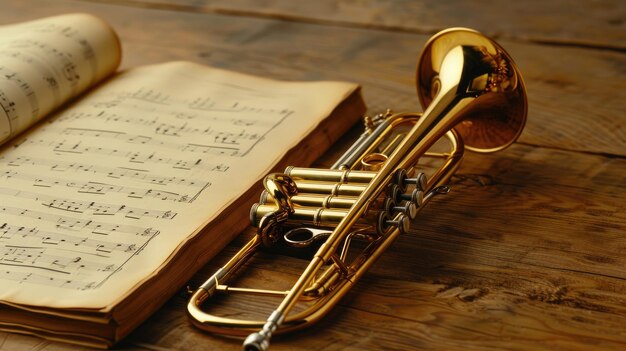 Photo a closeup view of trumpet resting beside musical notes on a rustic wooden table evoking the spirit of jazz improvisation