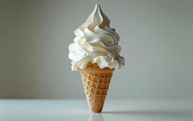 A closeup view of a vanilla soft serve ice cream cone