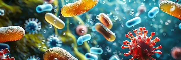 Photo closeup view of various bacteria showcasing the intricate shapes and vibrant colors of these microscopic organisms highlighting the beauty and complexity of the microbial world